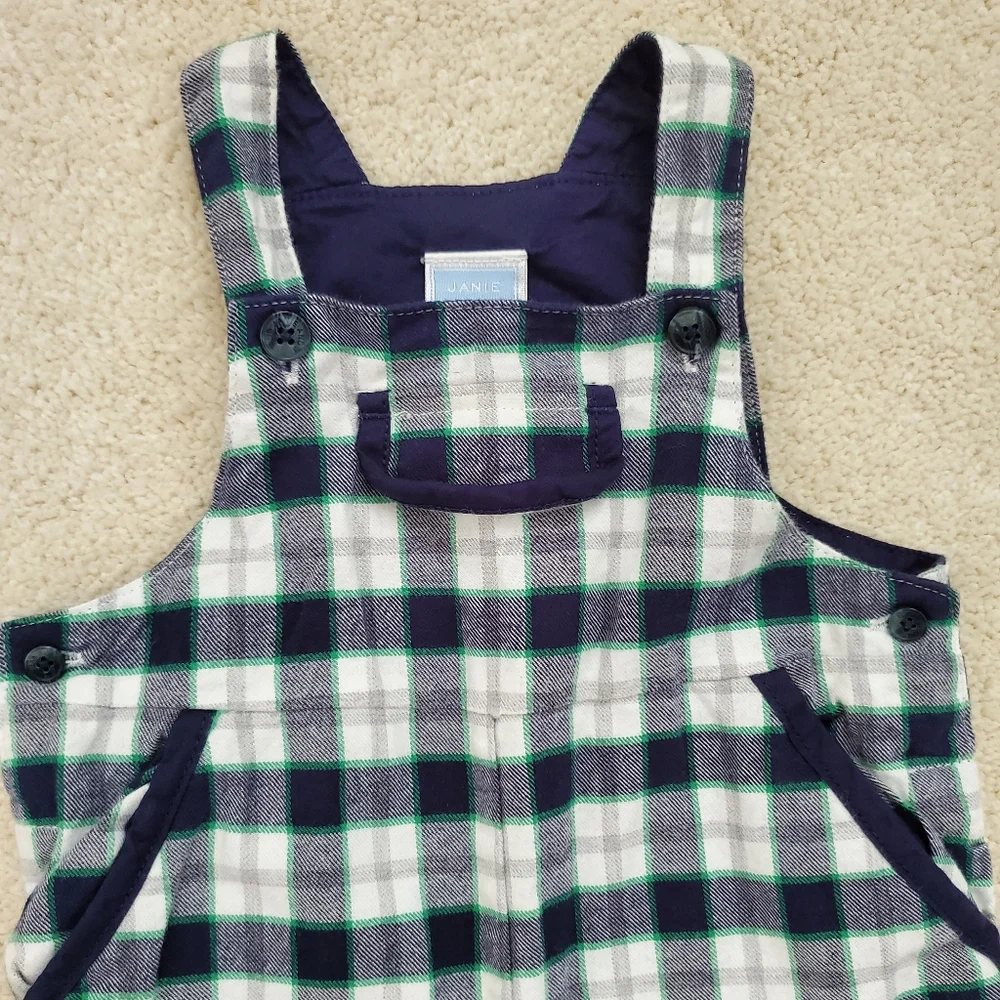 Janie and Jack Baby Boys' Blue, Green Plaid Cotton Overalls sz0-3m